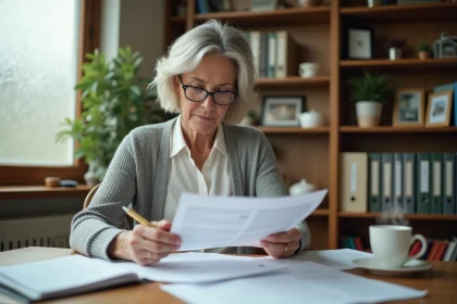 Femme retraitée consultant ses documents de retraite CNAV à son bureau à domicile