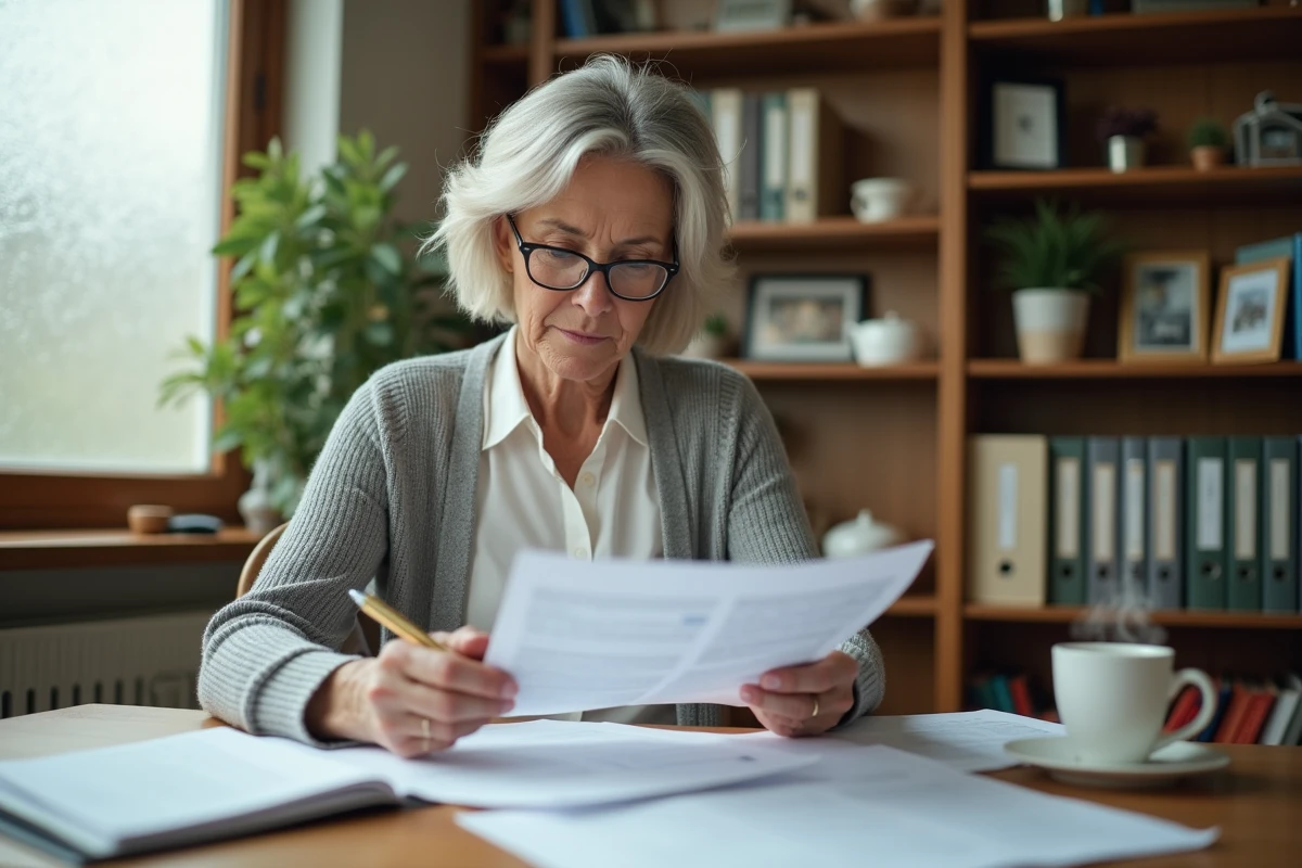Femme retraitée consultant ses documents de retraite CNAV à son bureau à domicile