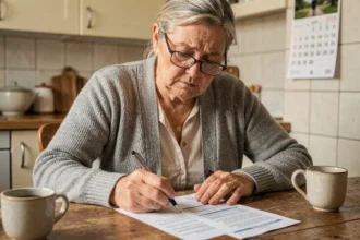 Femme retraitée examinant ses relevés de pension à la table de cuisine avec une expression préoccupée