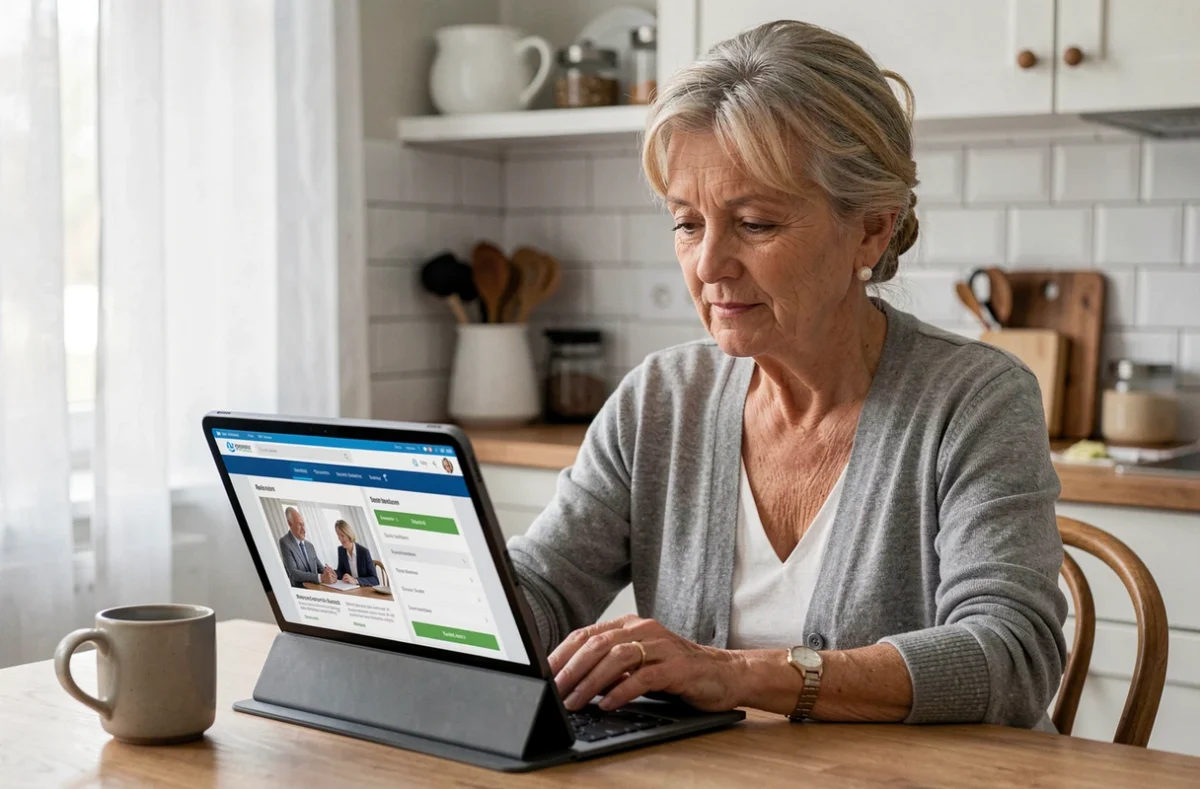 Femme retraitée Orange consultant le Kiosque des retraités sur une tablette dans sa cuisine