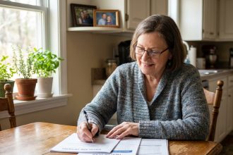 Femme retraitée souriante lisant ses papiers de santé