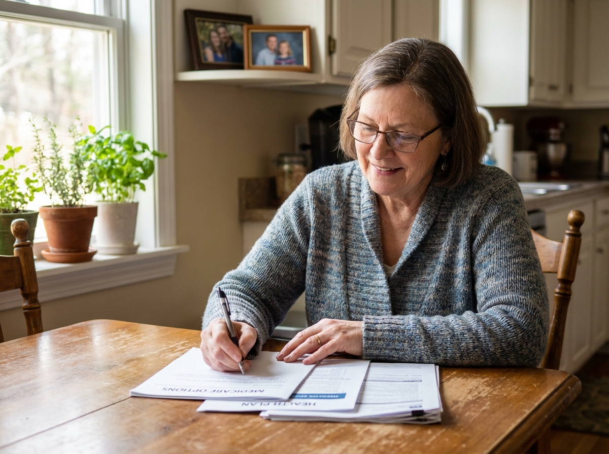 Femme retraitée souriante lisant ses papiers de santé