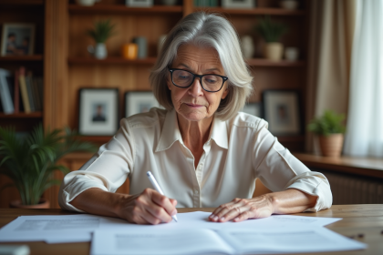 Femme retraitée examine des documents de pension à la maison