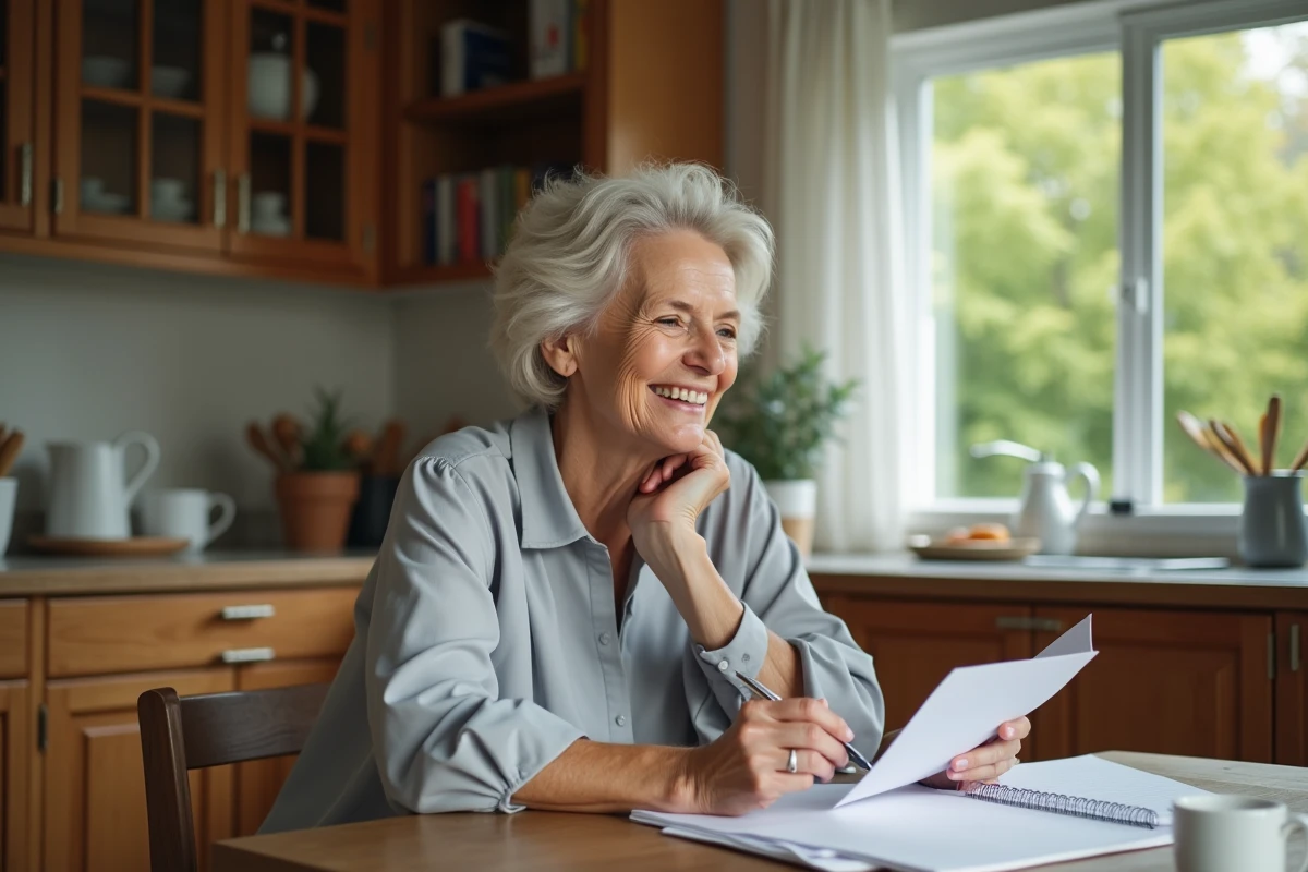 Femme souriante relisant ses notes de retraite à la maison