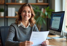 Femme d'âge moyen souriante tenant un document officiel dans un bureau lumineux