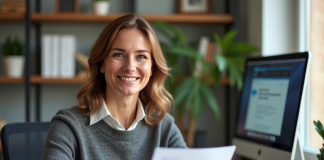 Femme d'âge moyen souriante tenant un document officiel dans un bureau lumineux