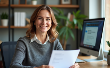 Relevé de retraite : comment obtenir le vôtre facilement en quelques étapes simples Femme d'âge moyen souriante tenant un document officiel dans un bureau lumineux
