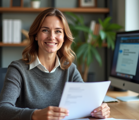 Femme d'âge moyen souriante tenant un document officiel dans un bureau lumineux