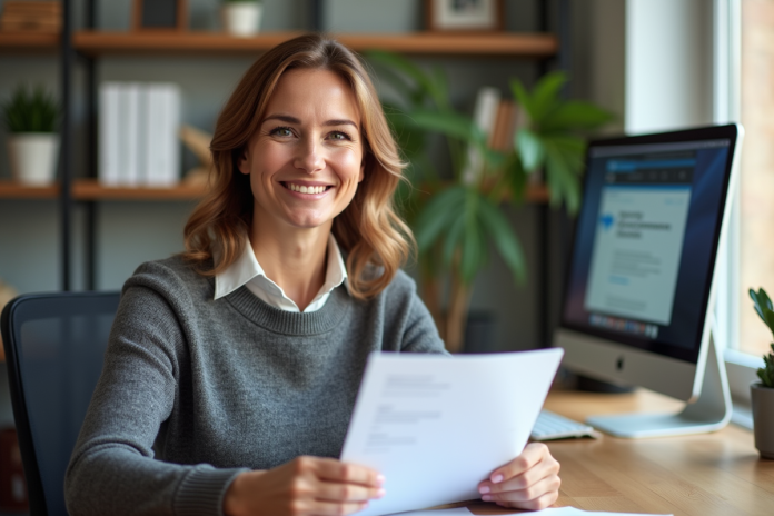 Femme d'âge moyen souriante tenant un document officiel dans un bureau lumineux