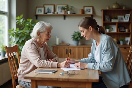 Femme senior et jeune femme discutant à table