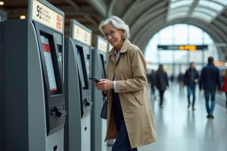 Femme senior utilisant une borne SNCF dans une gare moderne