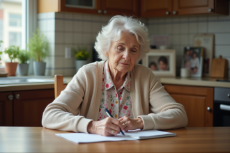 Femme senior pensant avec un cahier dans la cuisine