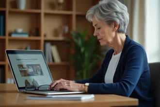 Femme senior consultant son compte Agirc Arrco en ligne sur un ordinateur portable à son bureau à domicile
