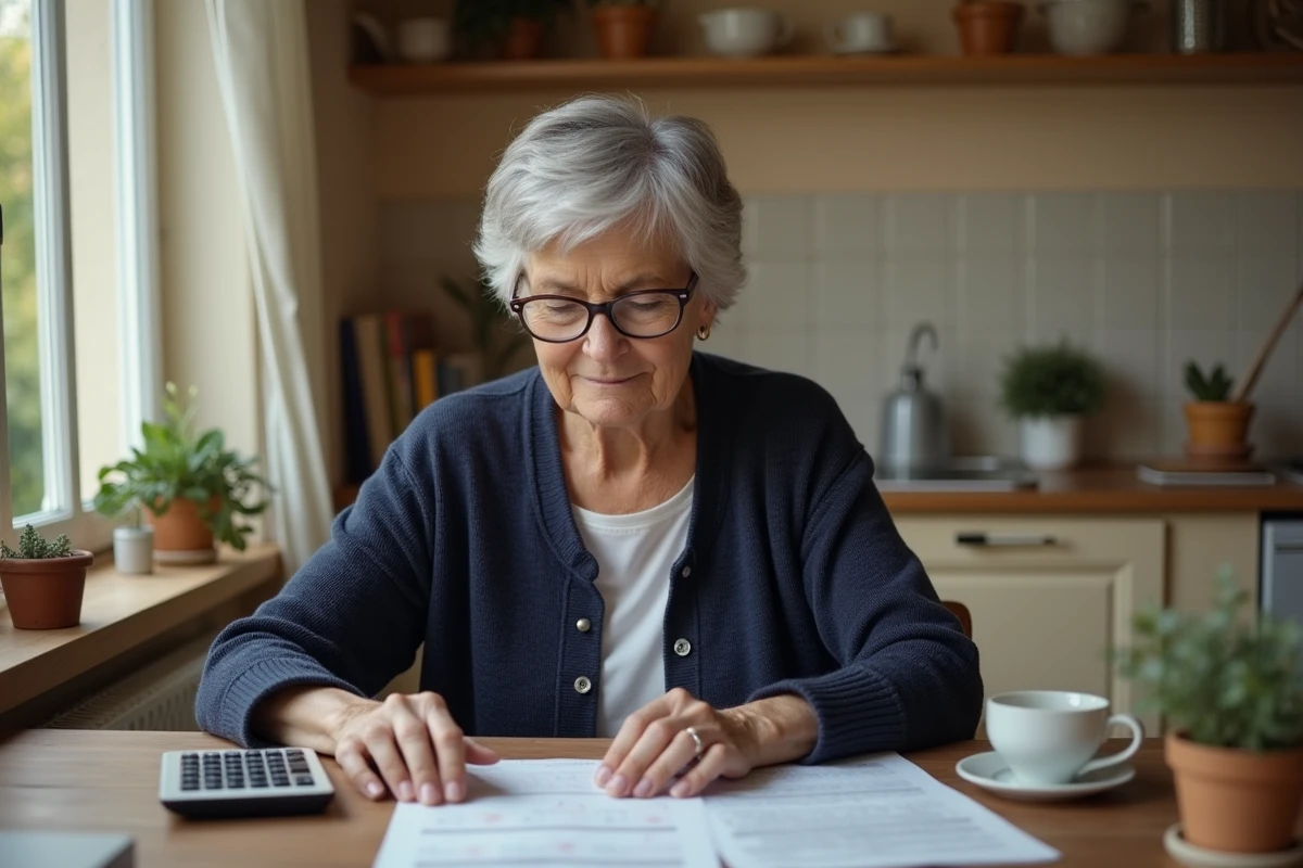 Femme senior examinant des documents administratifs liés au cumul AAH et retraite à son domicile