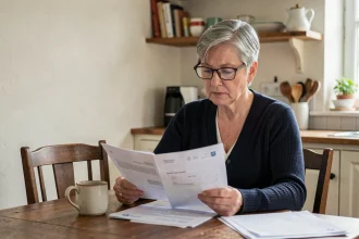 Femme senior examinant des documents de pension d'invalidité à une table de cuisine