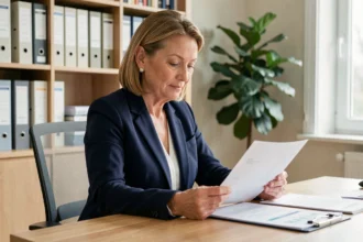 Femme senior sereine examinant des documents financiers dans un bureau à domicile, illustrant la gestion prudente d'un investissement immobilier comme Domitys Invest