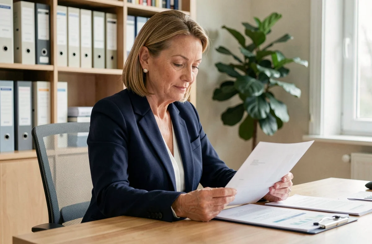 Femme senior sereine examinant des documents financiers dans un bureau à domicile, illustrant la gestion prudente d'un investissement immobilier comme Domitys Invest