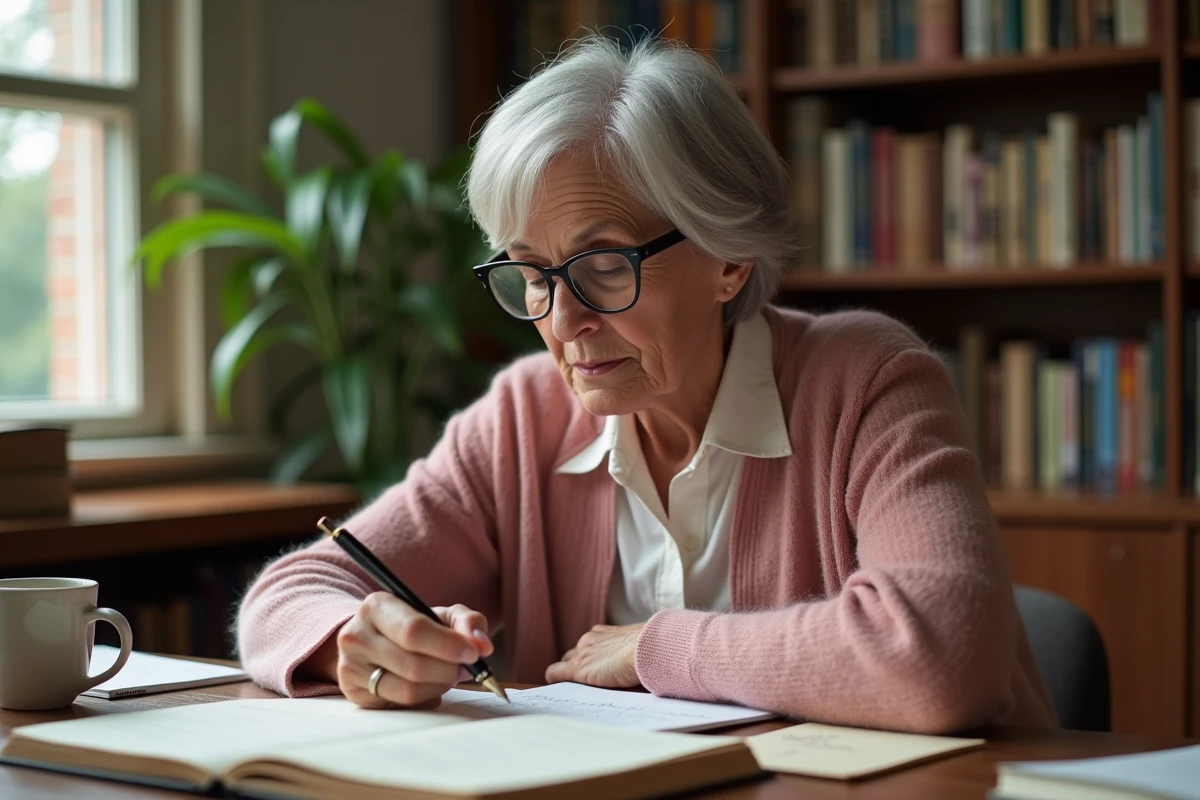 Femme senior de 65 à 70 ans écrivant dans son journal intime chez elle, exprimant une introspection sur ses désirs de rencontre et de relation à cette étape de la vie