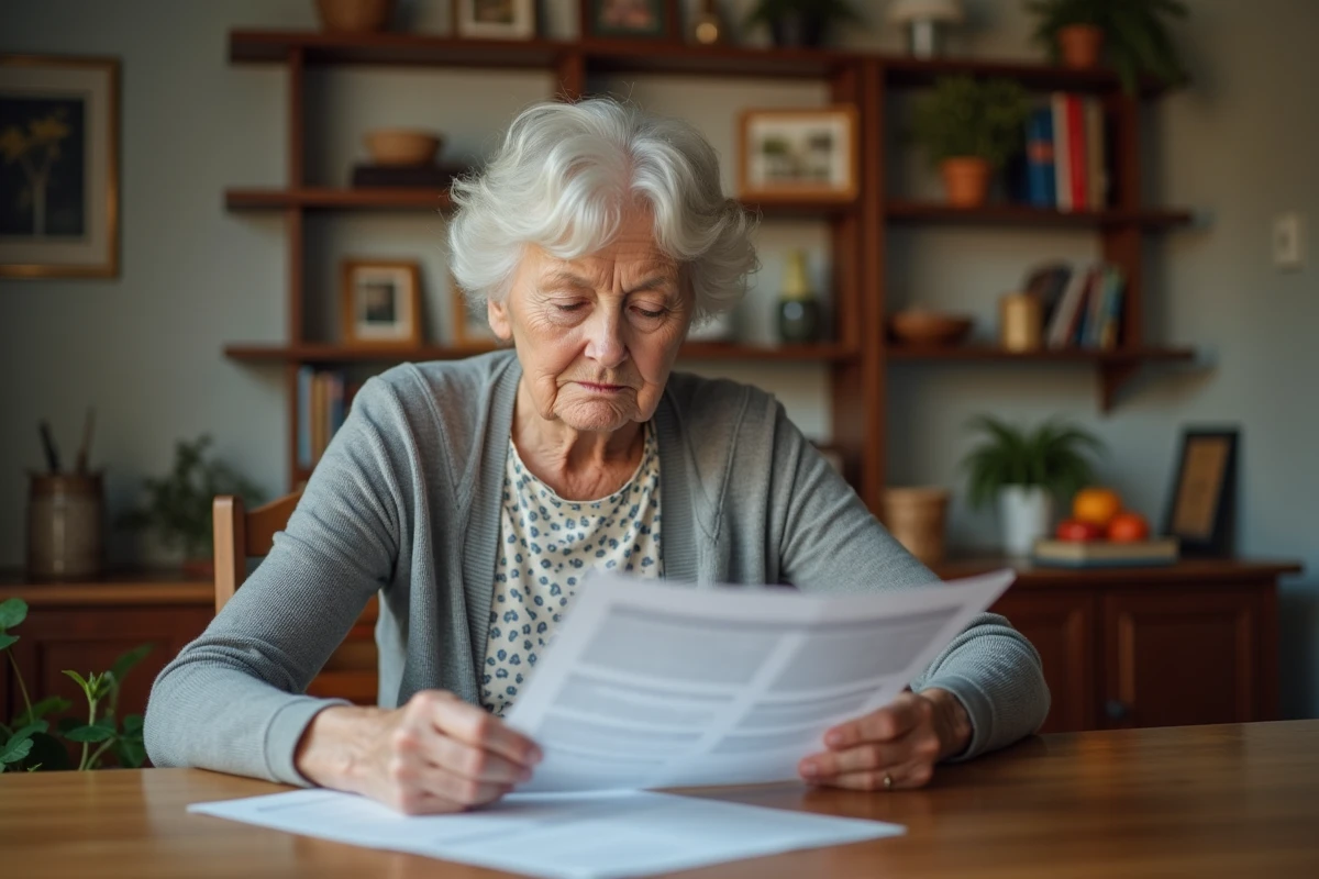 Femme senior examine documents dans sa cuisine
