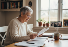 Femme senior souriante lisant une brochure dans la cuisine