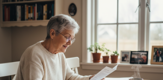 Femme senior souriante lisant une brochure dans la cuisine
