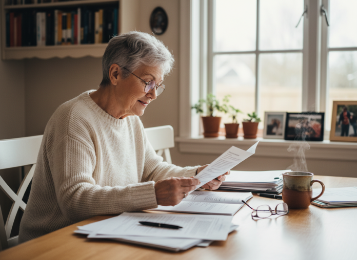 femme-senior-lire-brochure Femme senior souriante lisant une brochure dans la cuisine