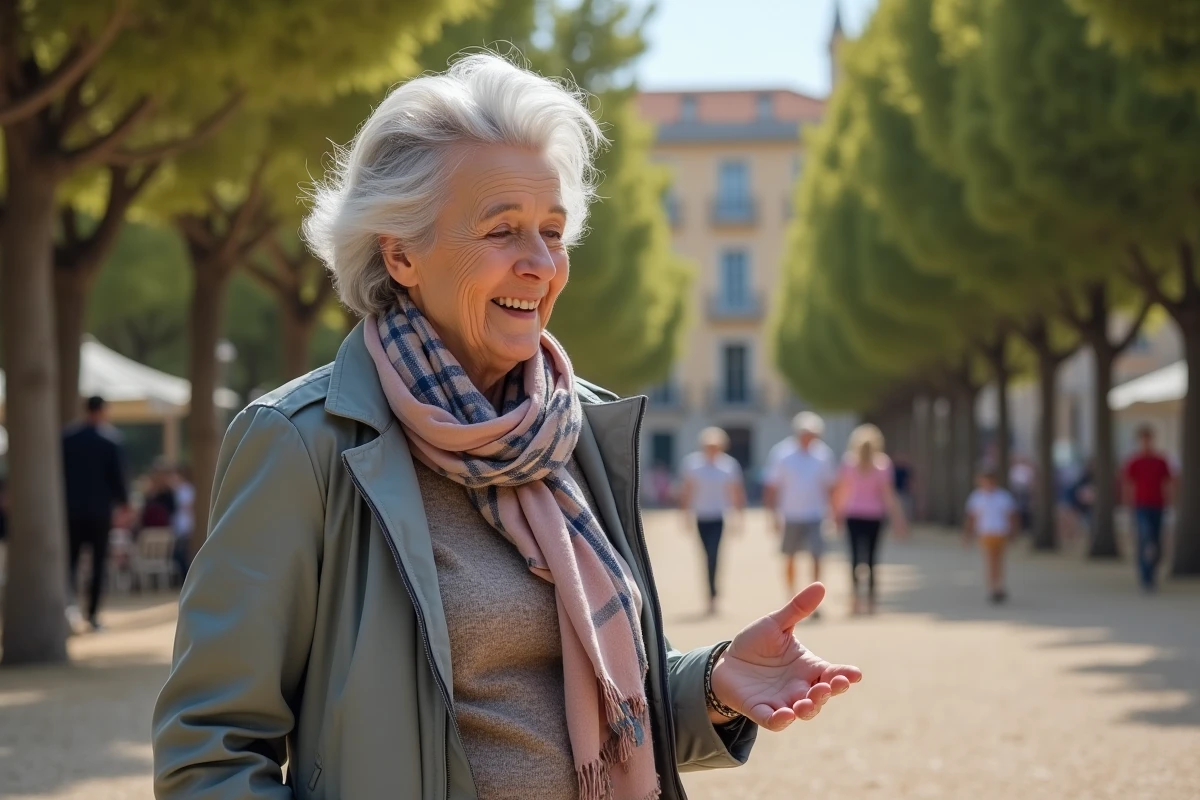 Femme senior jouant à la pétanque dans un parc à Nice