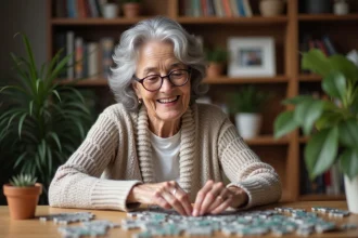 Femme senior souriante faisant un puzzle à la maison