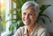 Femme senior souriante avec coupe pixie argentée