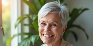Femme senior souriante avec coupe pixie argentée
