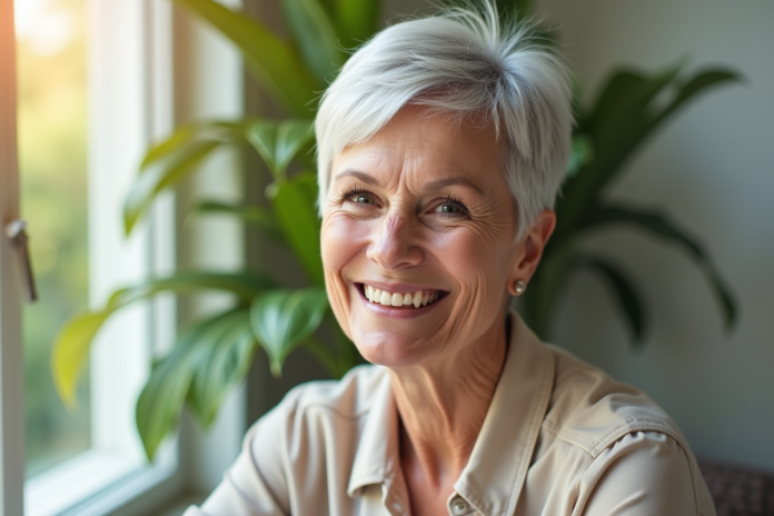 Femme senior souriante avec coupe pixie argentée