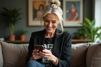 Femme senior élégante avec smartphone dans un salon moderne