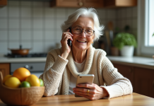 Écouter messages téléphone Doro : astuces et solutions faciles à suivre Femme senior souriante utilisant son téléphone dans la cuisine