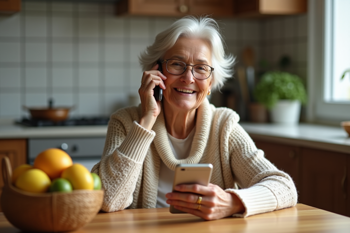 femme-senior-telephone-cuisine Femme senior souriante utilisant son téléphone dans la cuisine