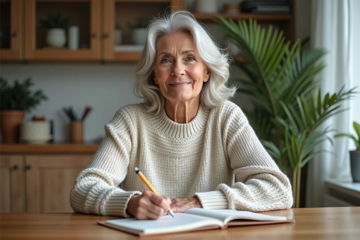 Femme aux cheveux argentés écrit dans un journal dans une cuisine chaleureuse