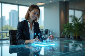 Femme d'âge moyen utilisant une interface holographique dans un bureau moderne