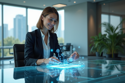 Femme d'âge moyen utilisant une interface holographique dans un bureau moderne