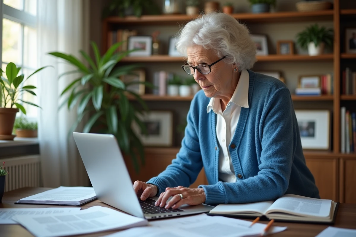 Femme retraitée travaillant sur son ordinateur dans un bureau