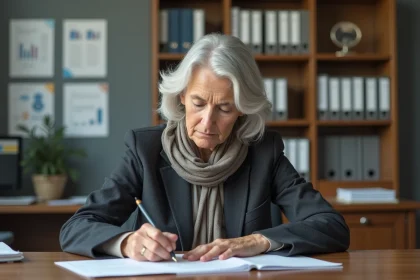 Femme d'environ 60 ans remplissant des papiers dans un bureau