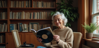 Femme d'âge moyen écoutant de la musique dans un salon cosy