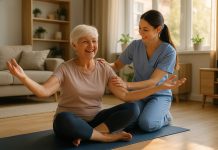 Femme senior faisant du yoga dans son salon lumineux