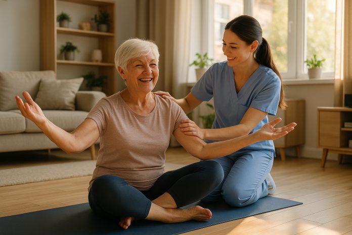 Femme senior faisant du yoga dans son salon lumineux