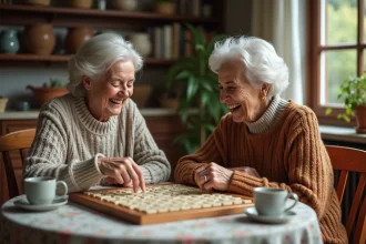 Deux femmes âgées jouant au Scrabble ensemble à une table en bois dans une cuisine chaleureuse