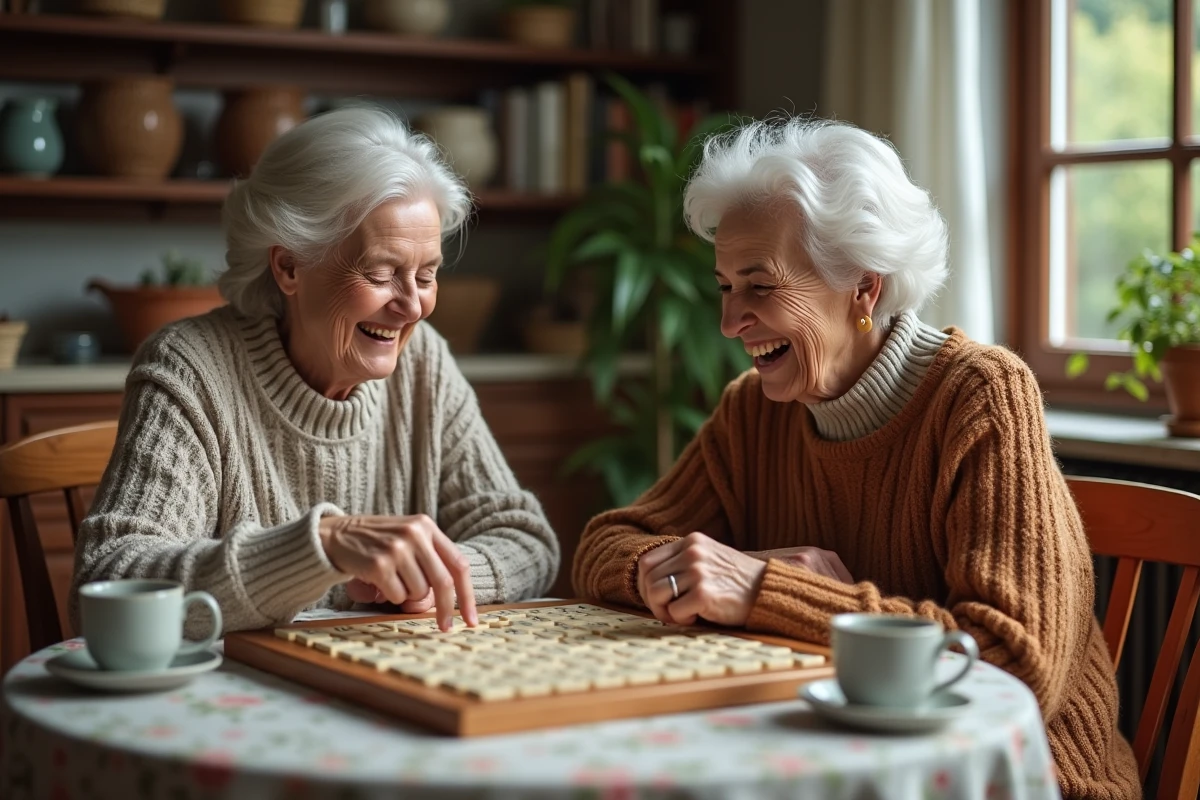 Deux femmes âgées jouant au Scrabble ensemble à une table en bois dans une cuisine chaleureuse