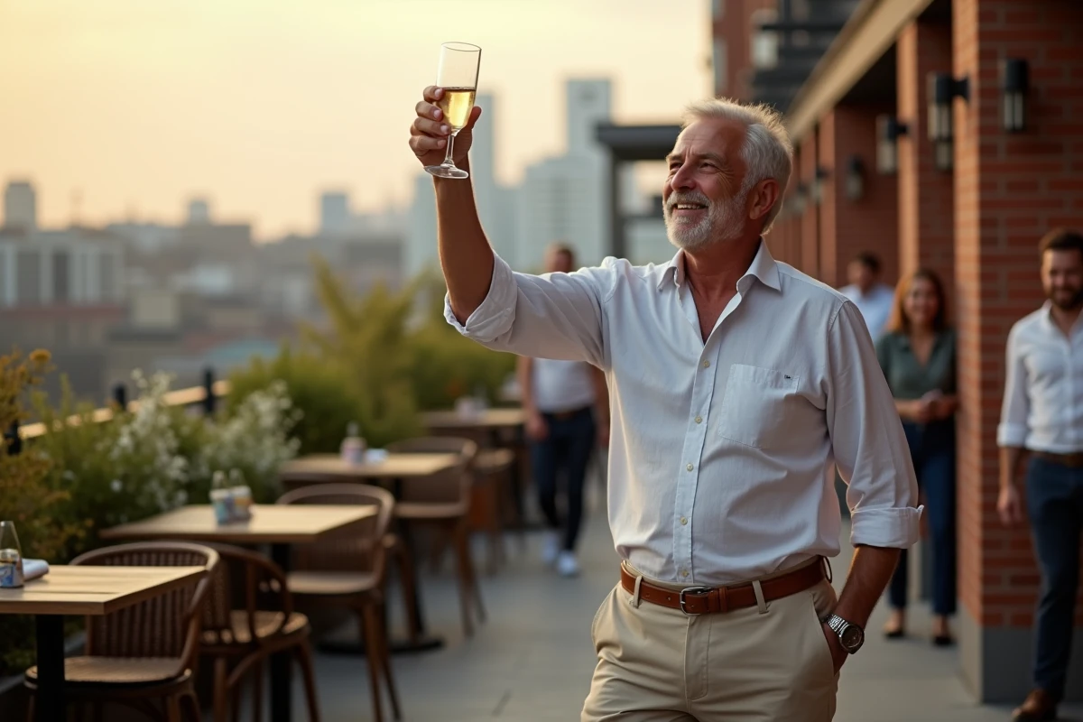 Fête d'anniversaire 60 ans d'un chef en terrasse rooftop avec collègues et champagne