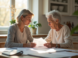 Fille adulte et mère âgée examinant des factures à la cuisine