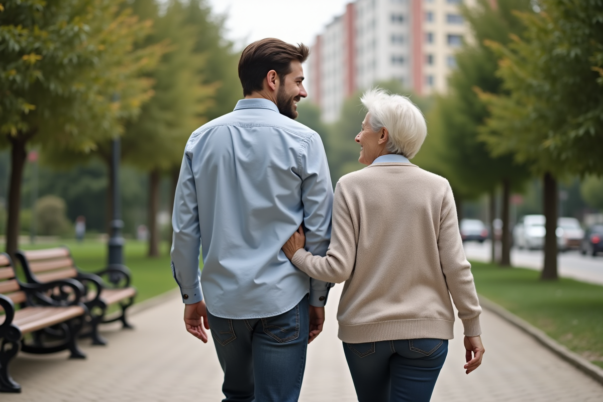 Fils et mère se promenant dans un parc urbain en été