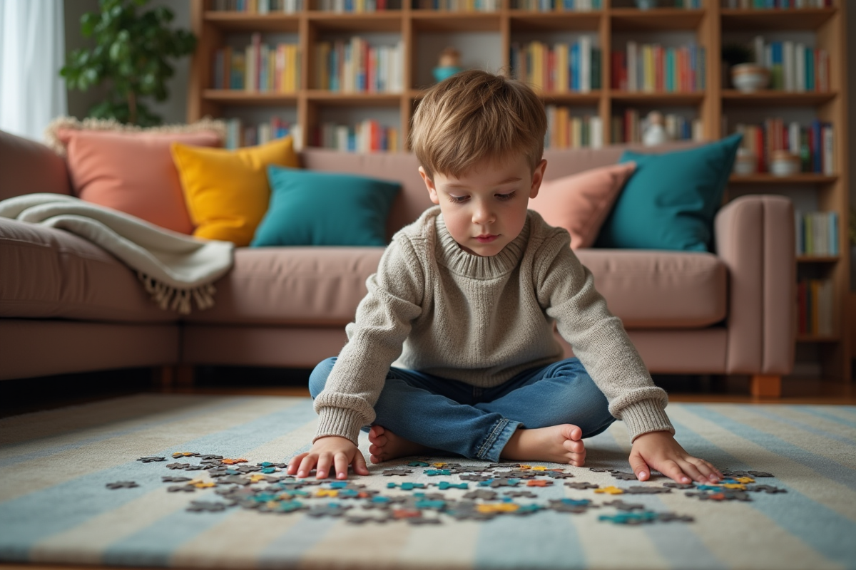 Jeune garçon concentre sur un puzzle dans le salon familial