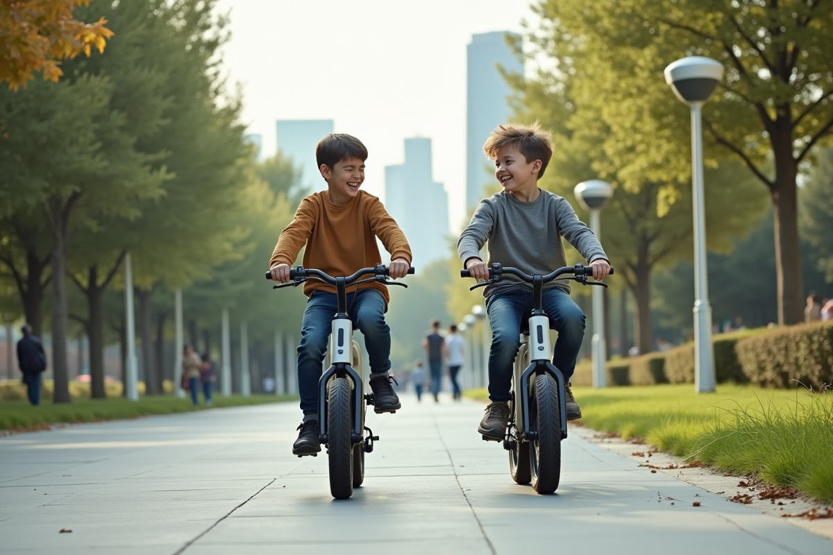 Deux jeunes garçons roulant à vélo dans un parc urbain verdoyant