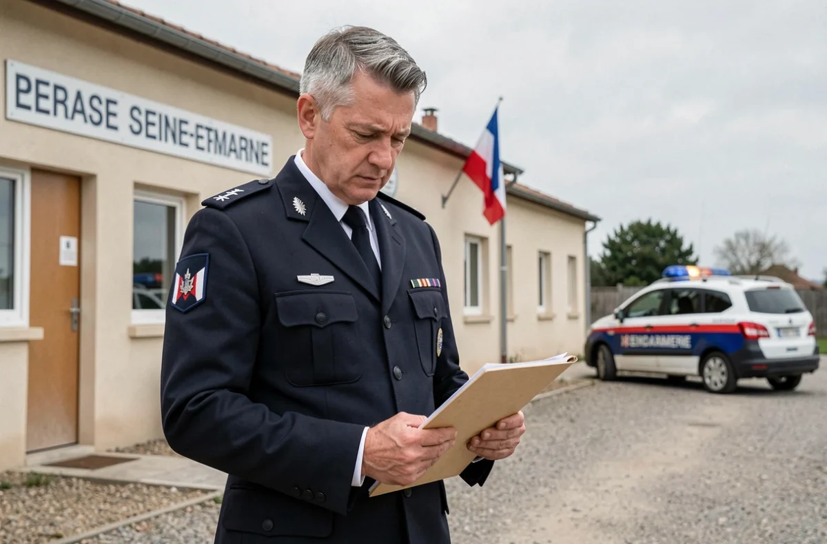 Gendarme en uniforme tenant un dossier devant une gendarmerie rurale en Seine-et-Marne, expression sérieuse évoquant une enquête sur un drame ordinaire